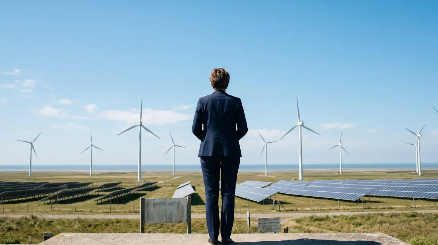Dirigeant vu de dos observant un horizon avec des éoliennes, symbolisant l'avenir durable de l'entreprise.