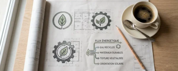 Plan d'architecte et crayon sur une table en bois, symbolisant la planification stratégique d'un projet durable.