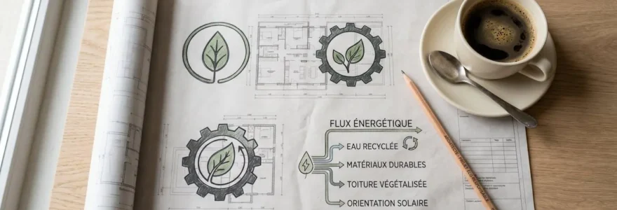 Plan d'architecte et crayon sur une table en bois, symbolisant la planification stratégique d'un projet durable.