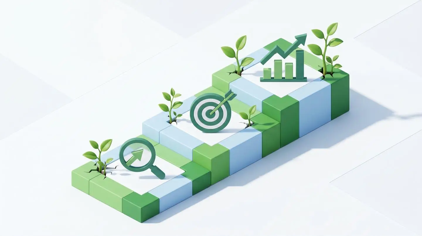 Schéma isométrique illustrant les trois étapes de la transformation durable : diagnostic, objectifs, performance.