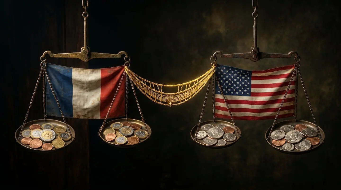 Two antique scales with French and American flags balanced by a golden bridge, coins on plates, dramatic chiaroscuro lighting on dark background symbolizing tax treaty balance