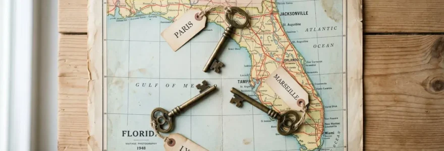 Three antique brass keys arranged on a vintage Florida map, each pointing to Orlando, Tampa, and Jacksonville, with French labels, photographed from above on light wood surface with natural lighting