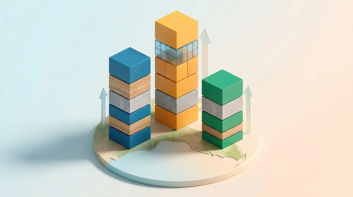 Three abstract 3D towers in blue, orange and green representing comparative real estate market growth in Tampa, Orlando and Jacksonville, isometric view with minimalist design