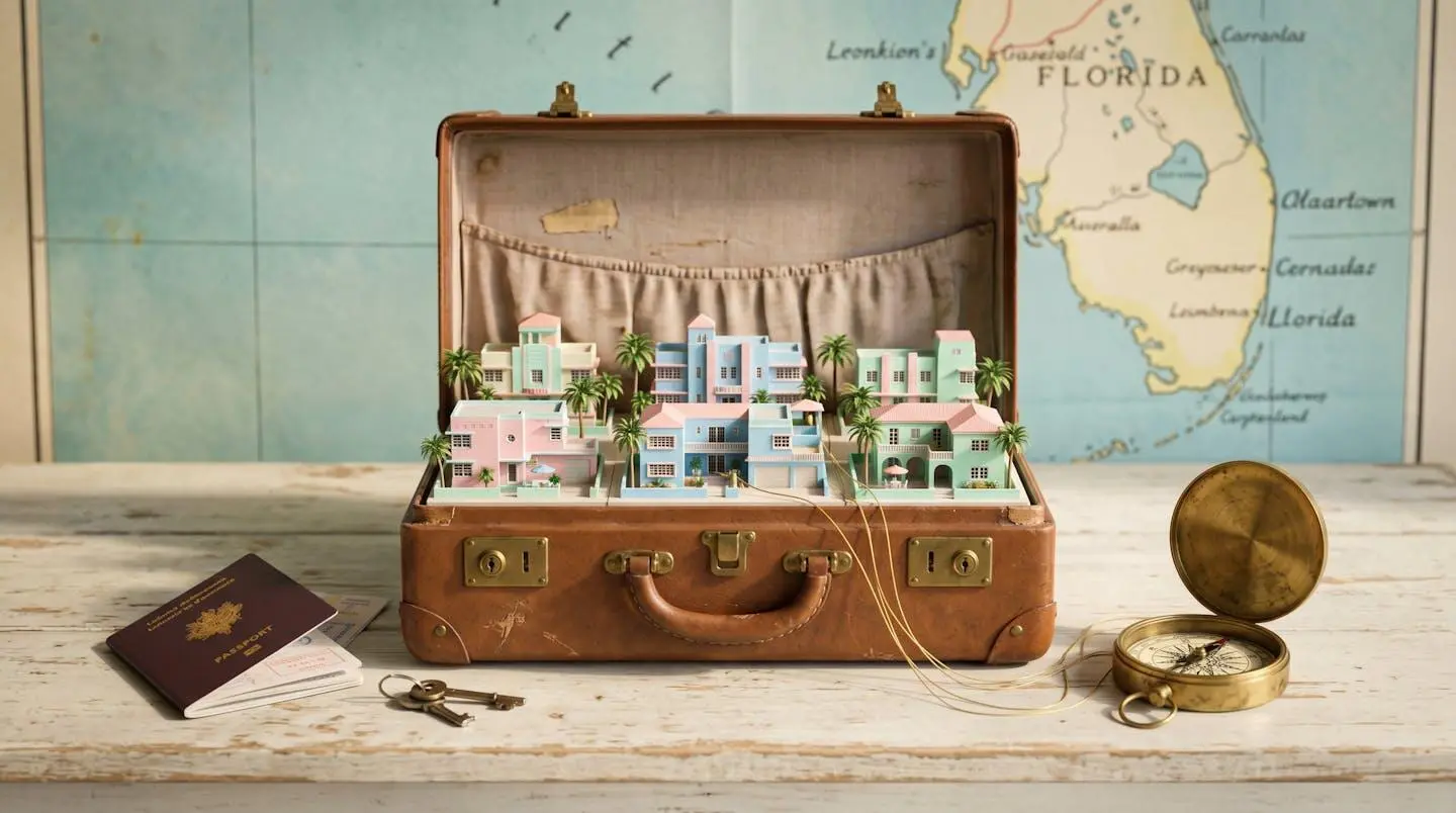 Open vintage suitcase containing miniature Florida house models connected by golden threads to a compass, with French passport and Florida map, pastel colors, symmetrical Wes Anderson style composition