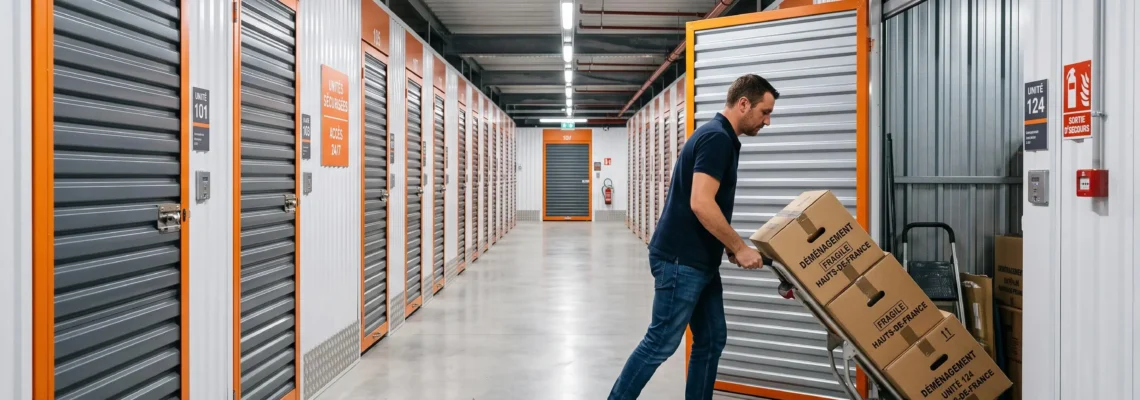 Allée d'un centre de self-stockage moderne avec boxes à portes roulantes métalliques orange et gris, personne poussant un diable chargé de cartons de déménagement vers son box ouvert, sol en béton, éclairage LED industriel