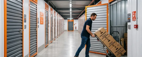 Allée d'un centre de self-stockage moderne avec boxes à portes roulantes métalliques orange et gris, personne poussant un diable chargé de cartons de déménagement vers son box ouvert, sol en béton, éclairage LED industriel