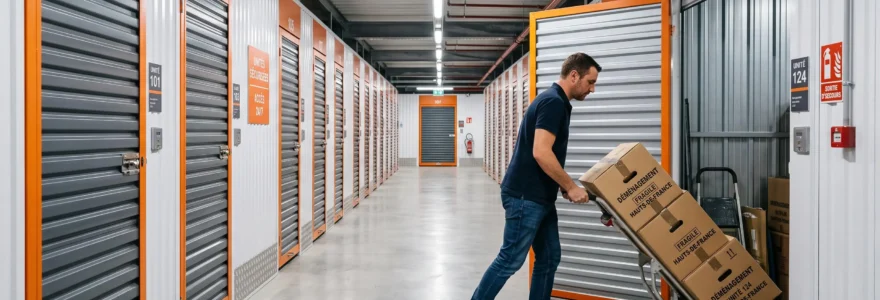 Allée d'un centre de self-stockage moderne avec boxes à portes roulantes métalliques orange et gris, personne poussant un diable chargé de cartons de déménagement vers son box ouvert, sol en béton, éclairage LED industriel