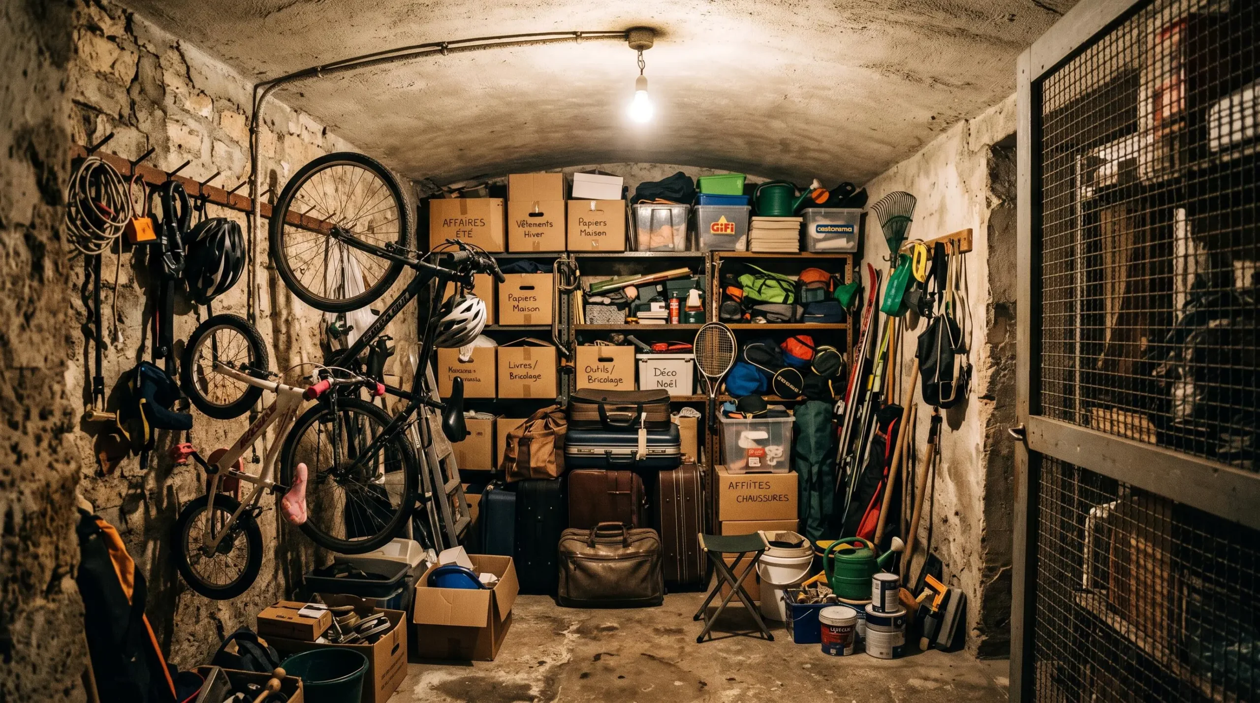 Cave d'immeuble français avec murs en béton, étagères métalliques chargées de cartons, vélos accrochés, outils de jardin, équipements de sport empilés, éclairage d'ampoule créant des ombres contrastées