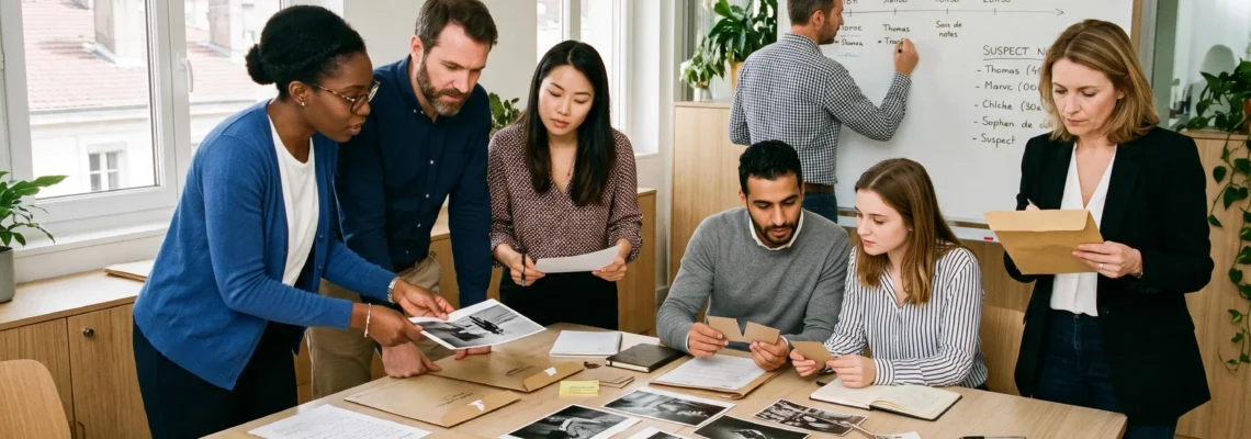 Équipe de sept professionnels debout et assis autour d'une table couverte d'indices de murder party (enveloppes, photos, fiches) dans une salle de séminaire lumineuse, en pleine discussion et analyse collaborative