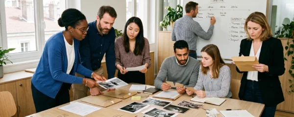 Équipe de sept professionnels debout et assis autour d'une table couverte d'indices de murder party (enveloppes, photos, fiches) dans une salle de séminaire lumineuse, en pleine discussion et analyse collaborative