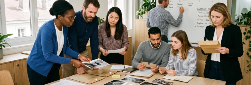 Équipe de sept professionnels debout et assis autour d'une table couverte d'indices de murder party (enveloppes, photos, fiches) dans une salle de séminaire lumineuse, en pleine discussion et analyse collaborative