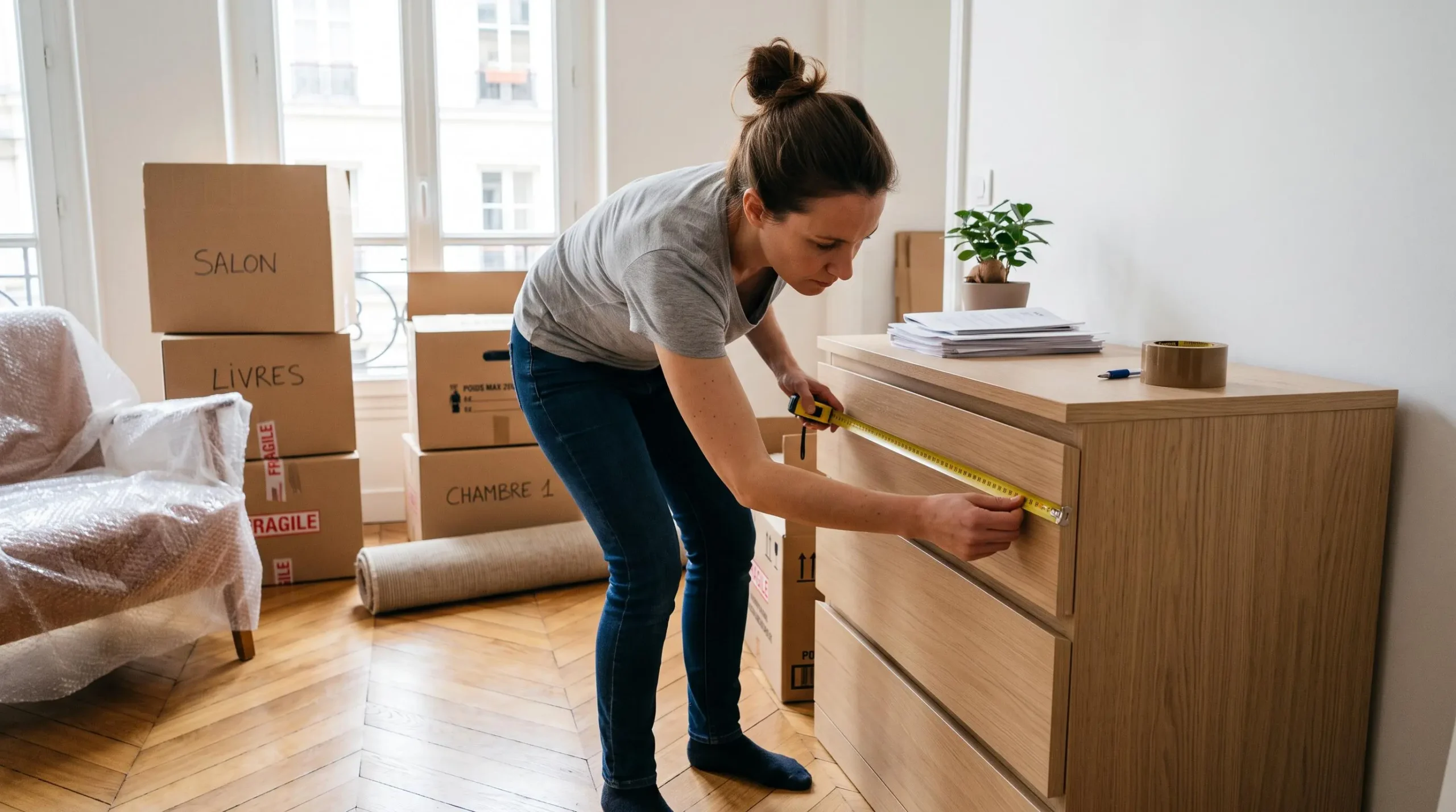 Femme mesurant la largeur d'une commode en bois clair avec un mètre ruban dans un salon en préparation de déménagement, cartons visibles en arrière-plan, lumière naturelle