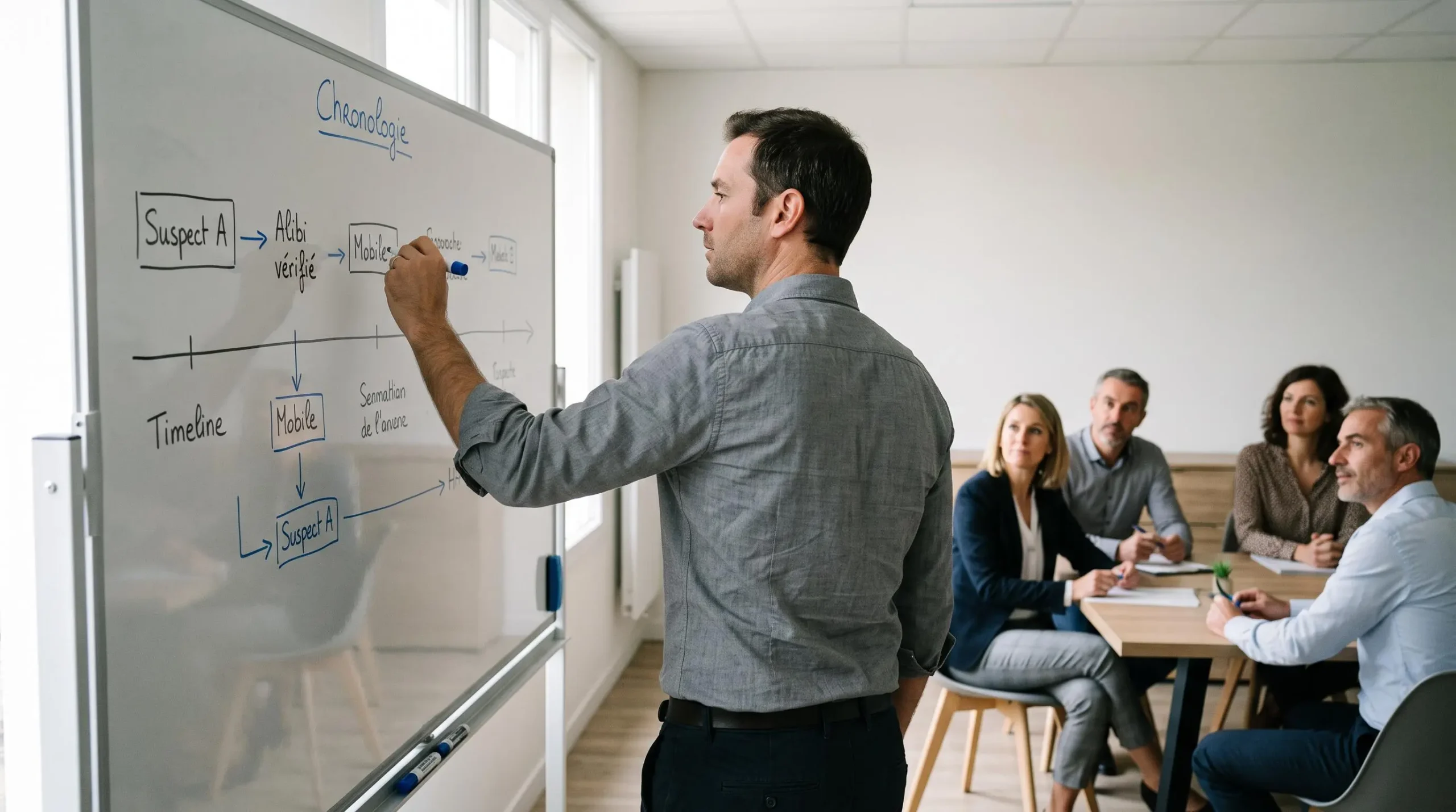 Homme debout de trois-quarts dos écrivant une timeline structurée au tableau blanc avec marqueur bleu, cinq collègues assis en arrière-plan observant attentivement la synthèse collective
