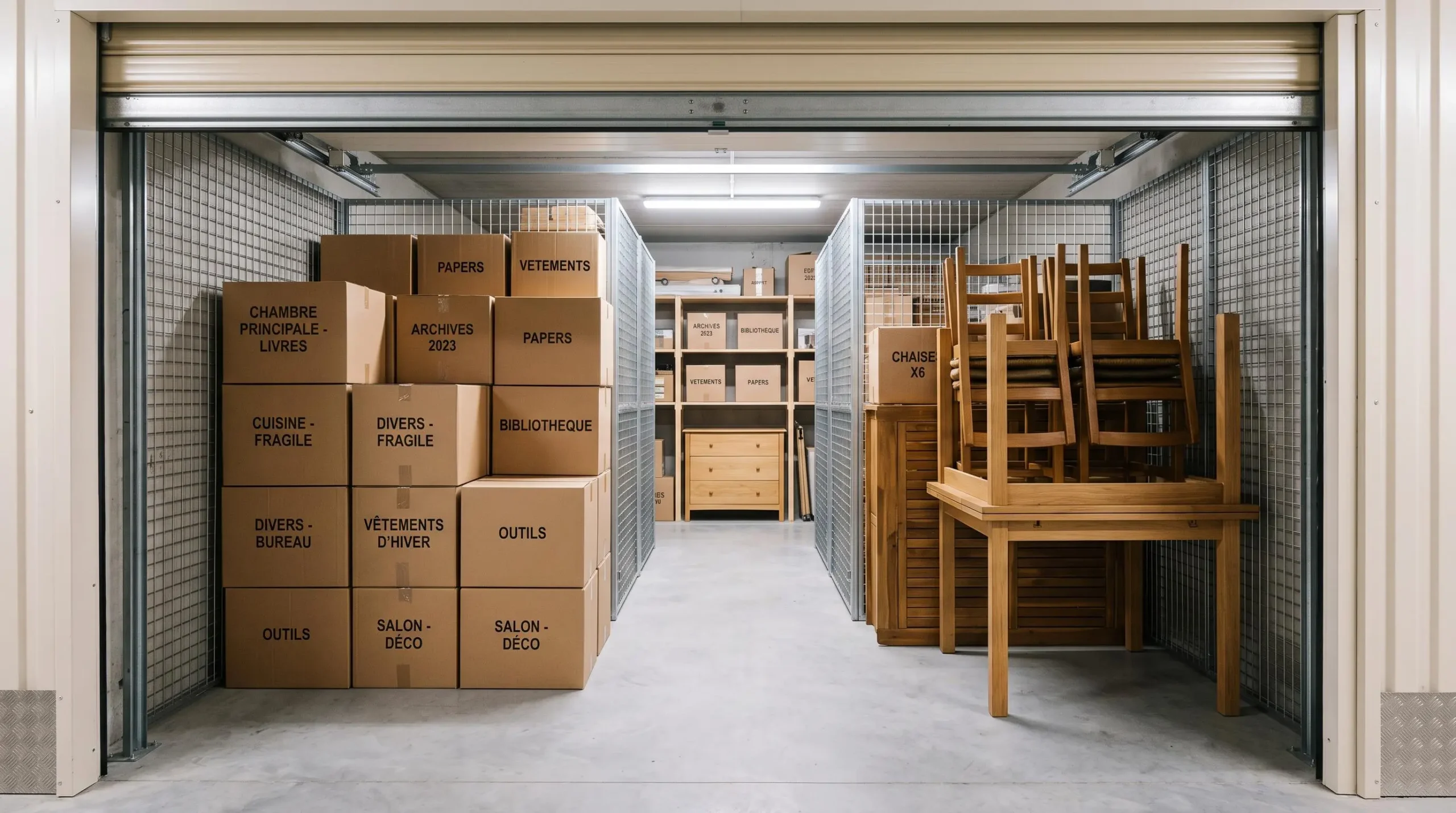 Intérieur organisé d'un box de stockage de taille moyenne avec meubles rangés au fond, cartons empilés méthodiquement, éclairage LED plafonnier, passage central dégagé, porte roulante ouverte en arrière-plan