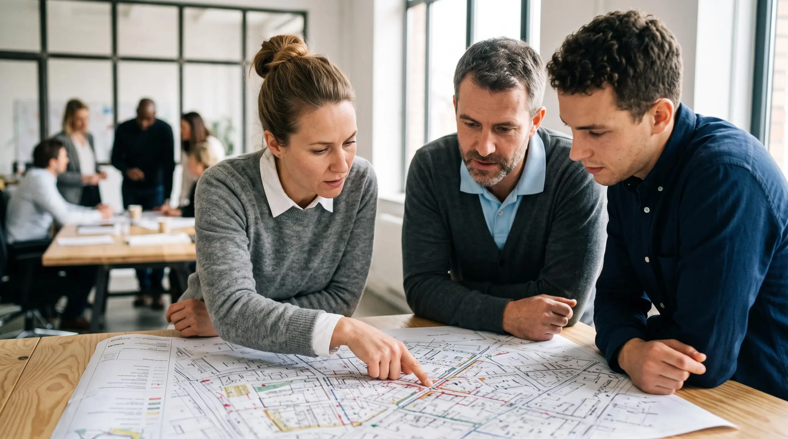 Trois professionnels penchés ensemble au-dessus d'une carte complexe étalée sur une table, une personne pointant un détail précis du doigt, tous concentrés sur l'analyse de l'indice