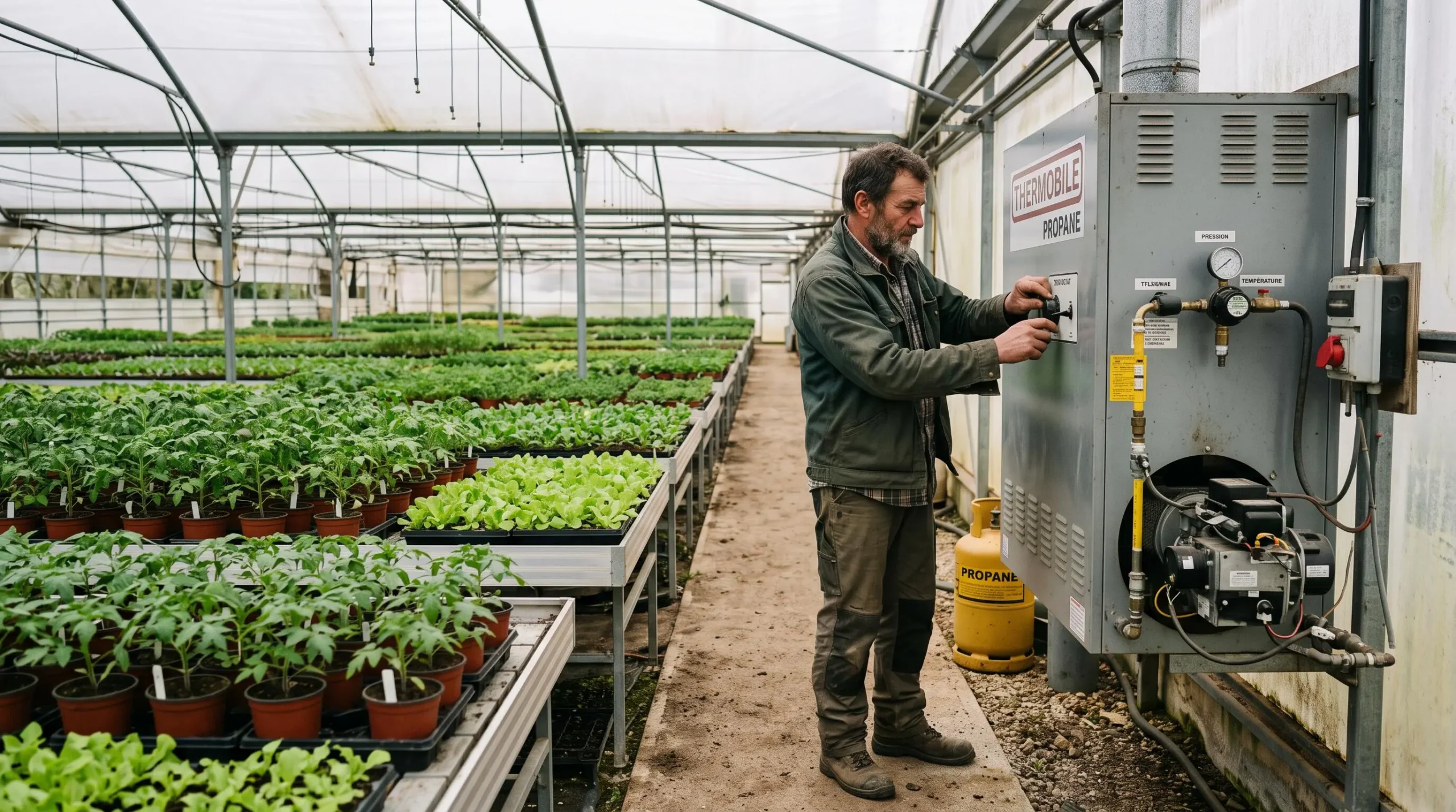Agriculteur contrôlant un système de chauffage au propane dans une serre horticole professionnelle