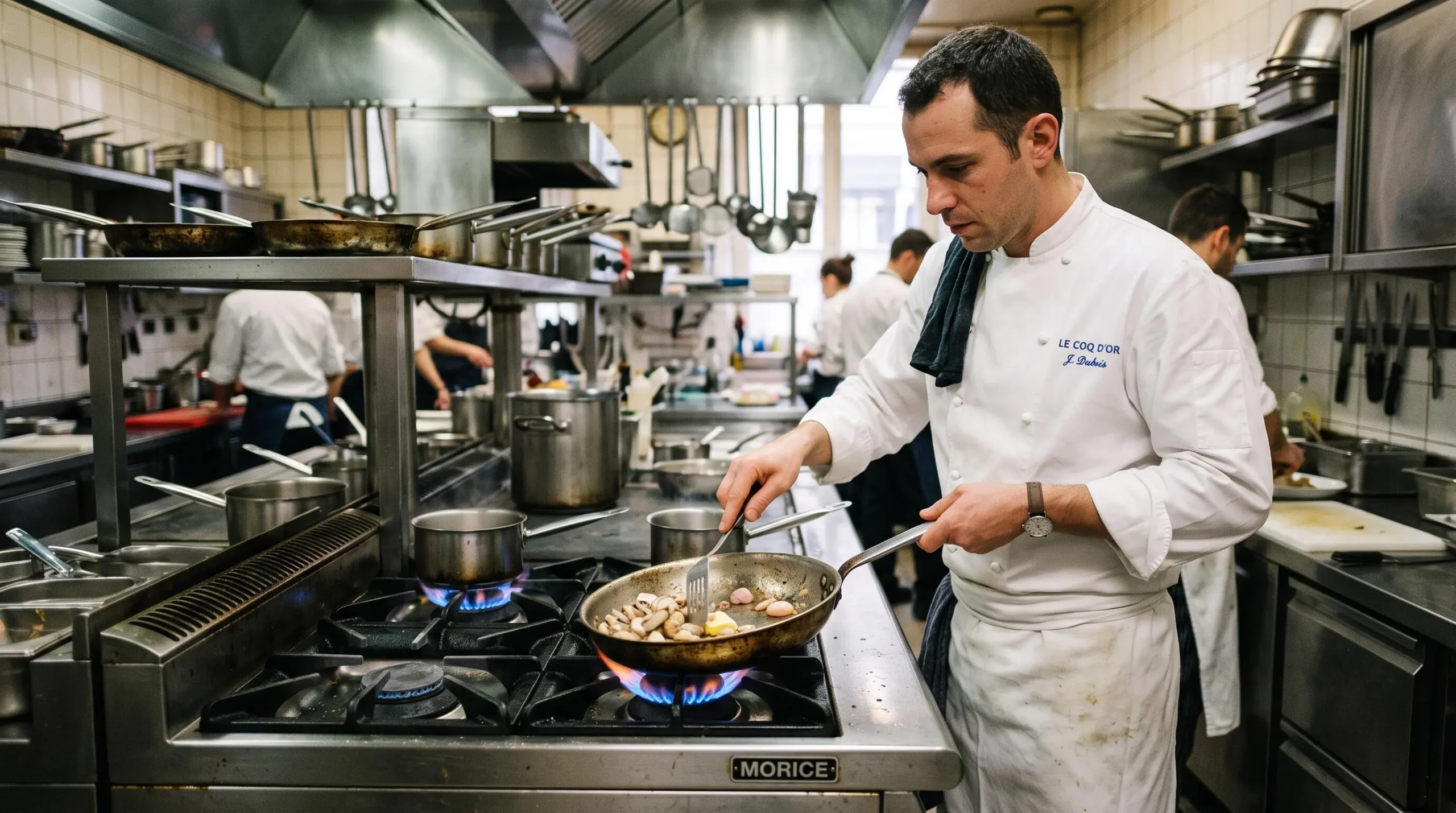 Chef cuisinier utilisant un piano de cuisson au gaz propane dans une cuisine professionnelle de restaurant