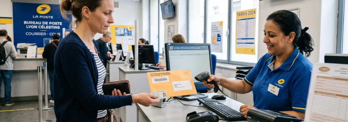 Consommateur remettant une lettre recommandée à un agent postal au guichet d'un bureau de poste français