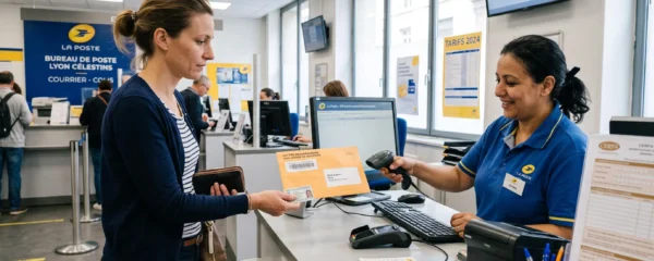Consommateur remettant une lettre recommandée à un agent postal au guichet d'un bureau de poste français