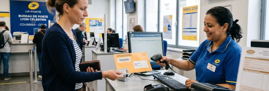 Consommateur remettant une lettre recommandée à un agent postal au guichet d'un bureau de poste français