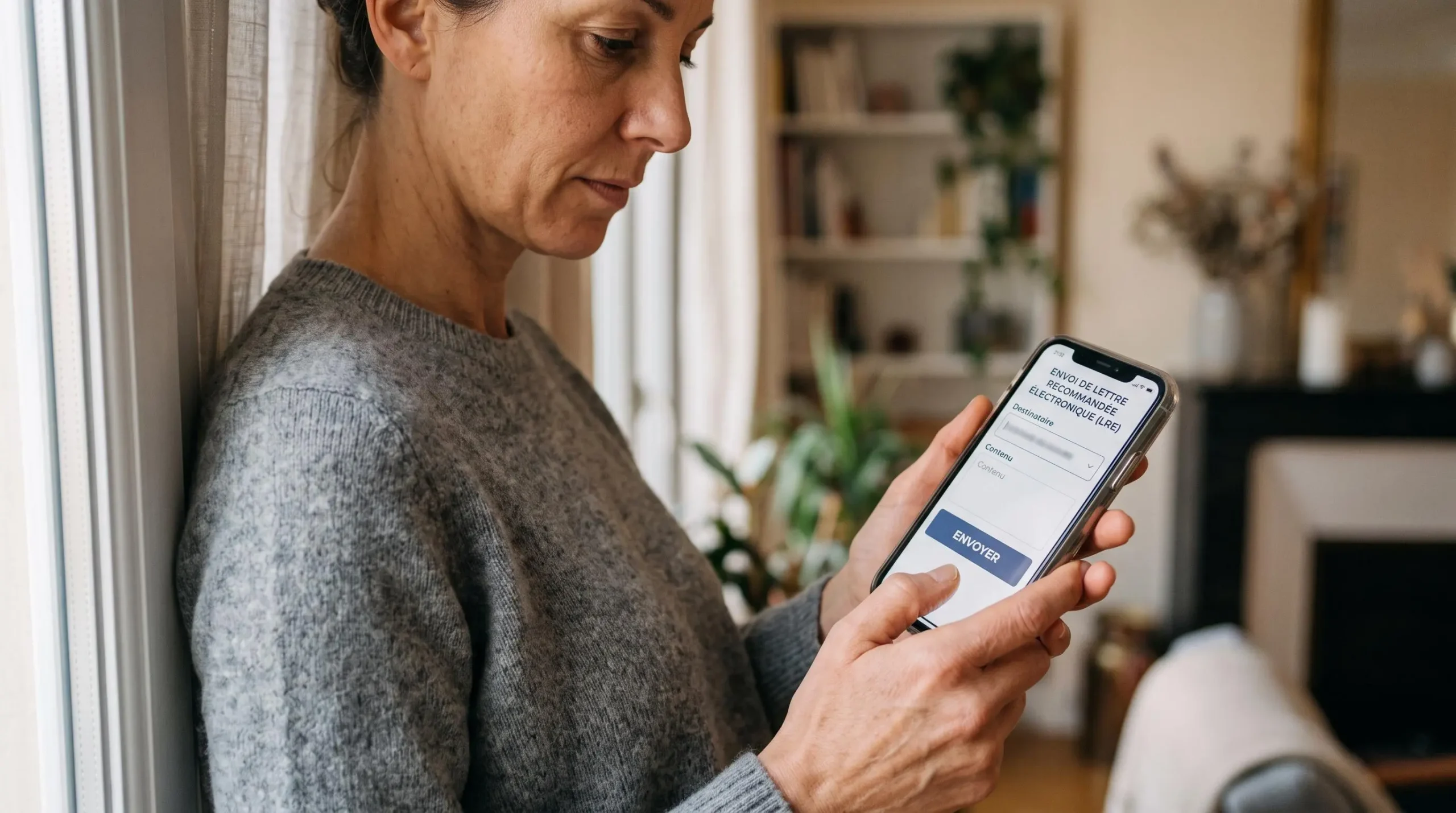 Personne utilisant un smartphone pour envoyer une lettre recommandée électronique depuis son domicile