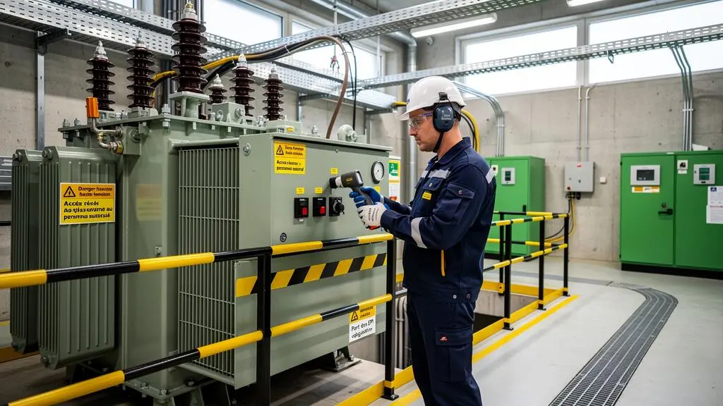 Ingénieur inspectant des transformateurs électriques haute tension dans une sous-station de distribution européenne