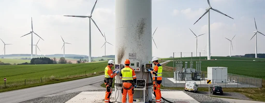 Techniciens effectuant la maintenance d'éoliennes modernes dans un parc éolien européen
