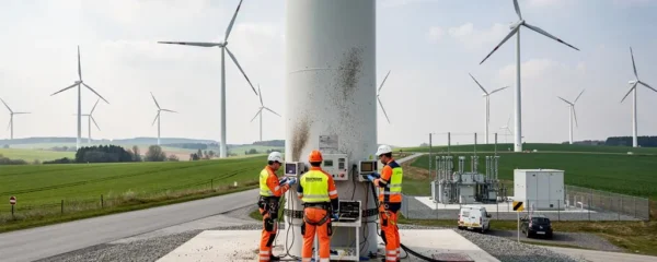 Techniciens effectuant la maintenance d'éoliennes modernes dans un parc éolien européen