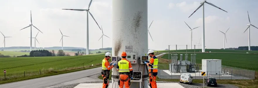 Techniciens effectuant la maintenance d'éoliennes modernes dans un parc éolien européen