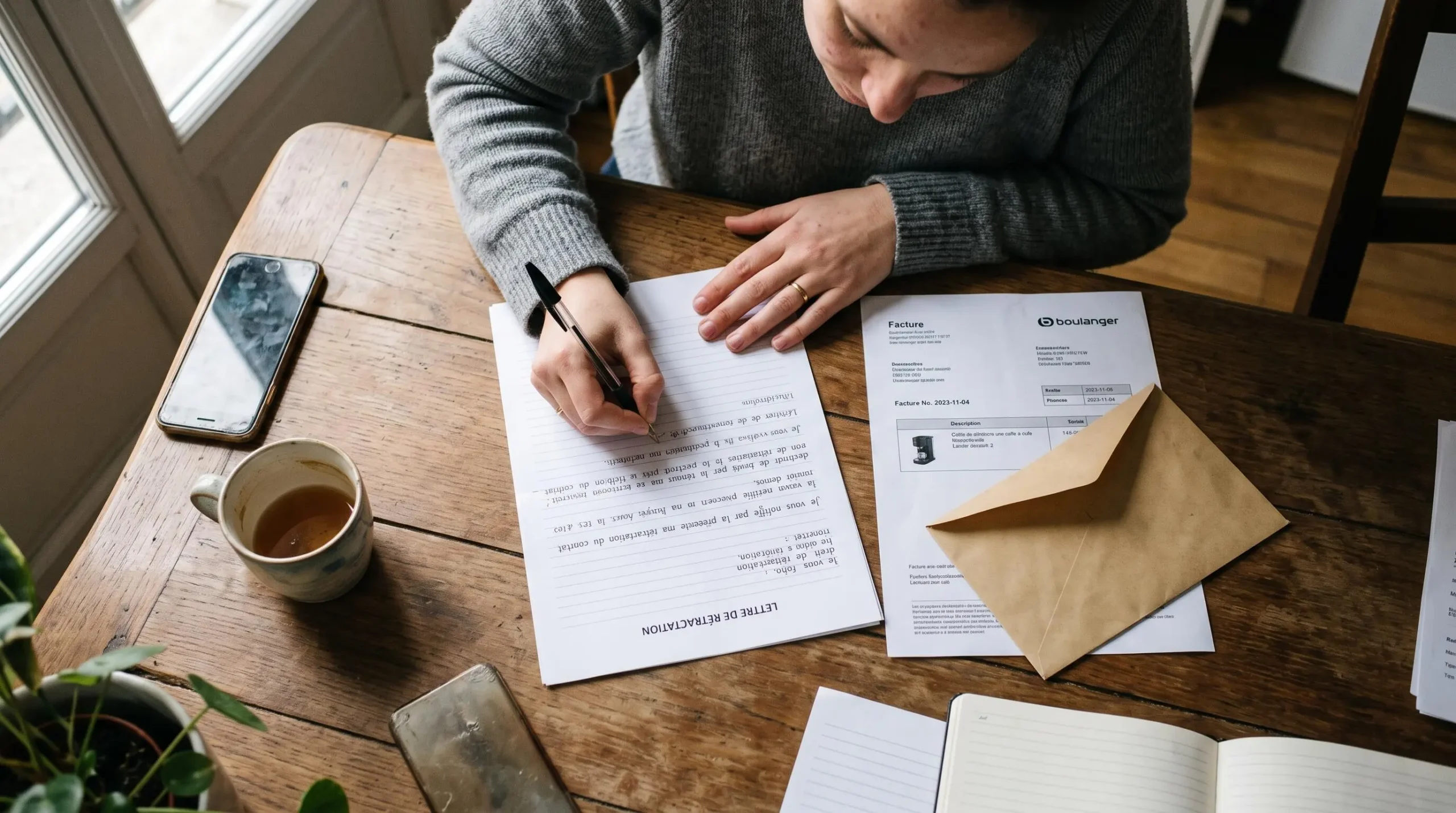 Mains préparant une lettre de rétractation avec des documents sur une table de travail à domicile, vue de dessus