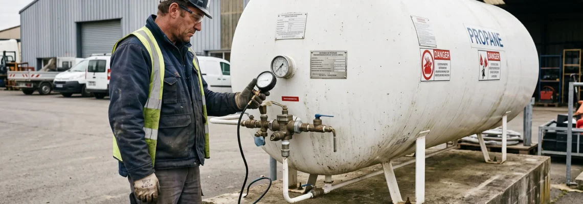 Technicien effectuant un contrôle de sécurité sur une citerne de propane aérienne installée sur un site professionnel en France