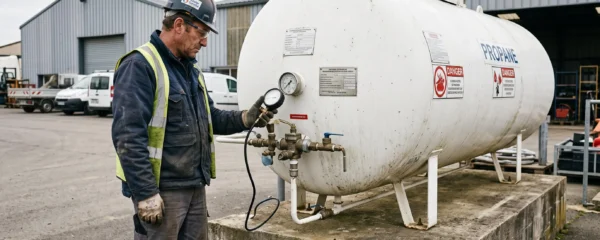 Technicien effectuant un contrôle de sécurité sur une citerne de propane aérienne installée sur un site professionnel en France