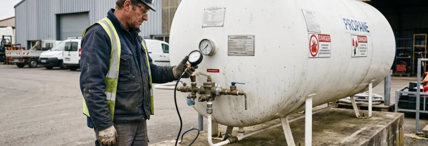 Technicien effectuant un contrôle de sécurité sur une citerne de propane aérienne installée sur un site professionnel en France