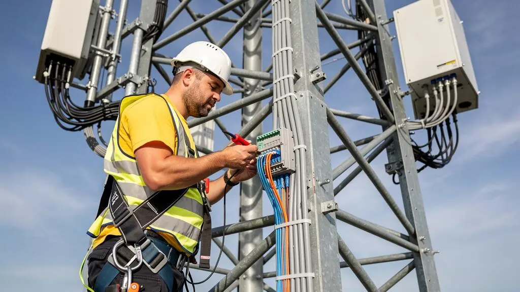 Technicien télécommunications équipé d'un harnais de sécurité installant des équipements sur une tour de télécommunication