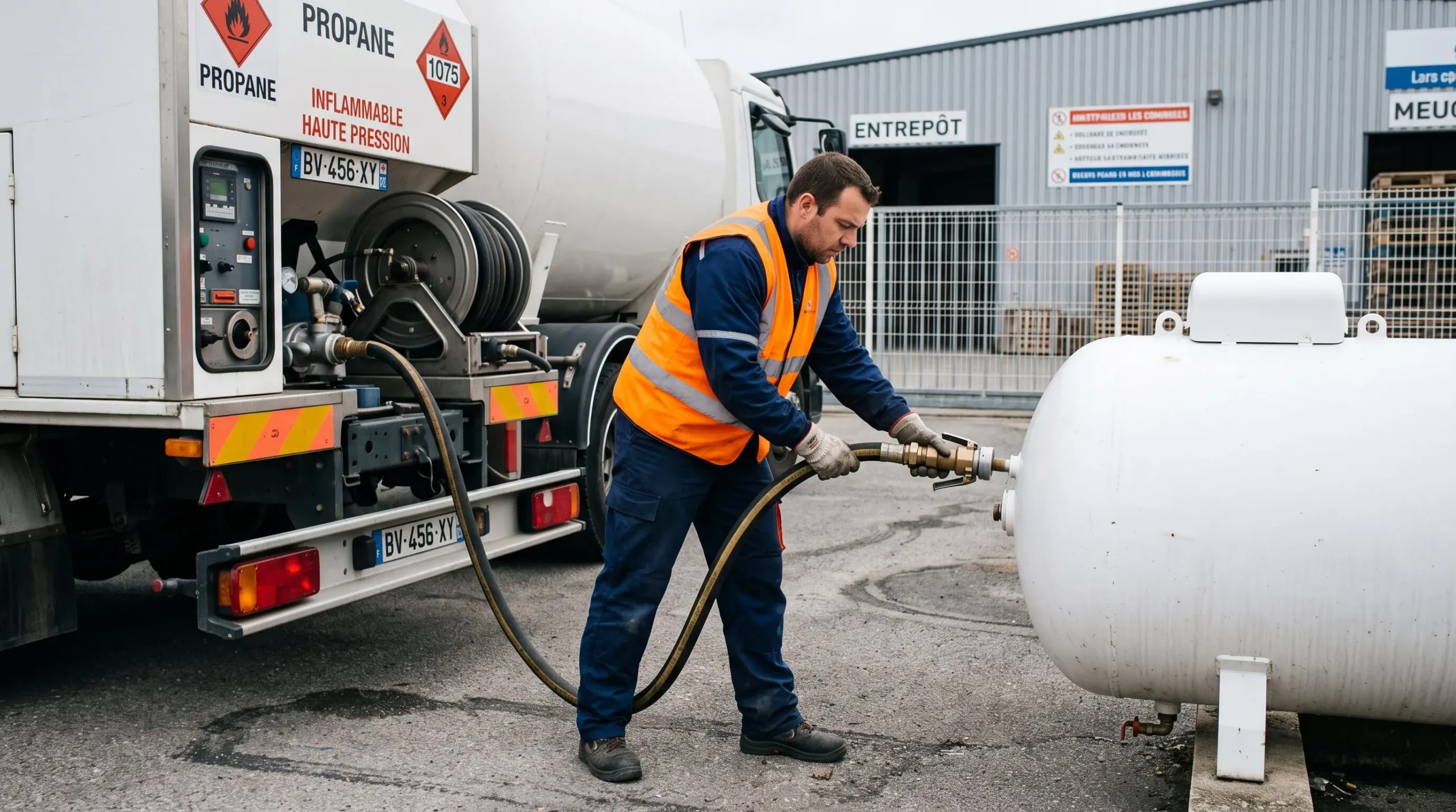 Technicien livreur raccordant le flexible de remplissage entre un camion-citerne et une cuve de propane professionnelle