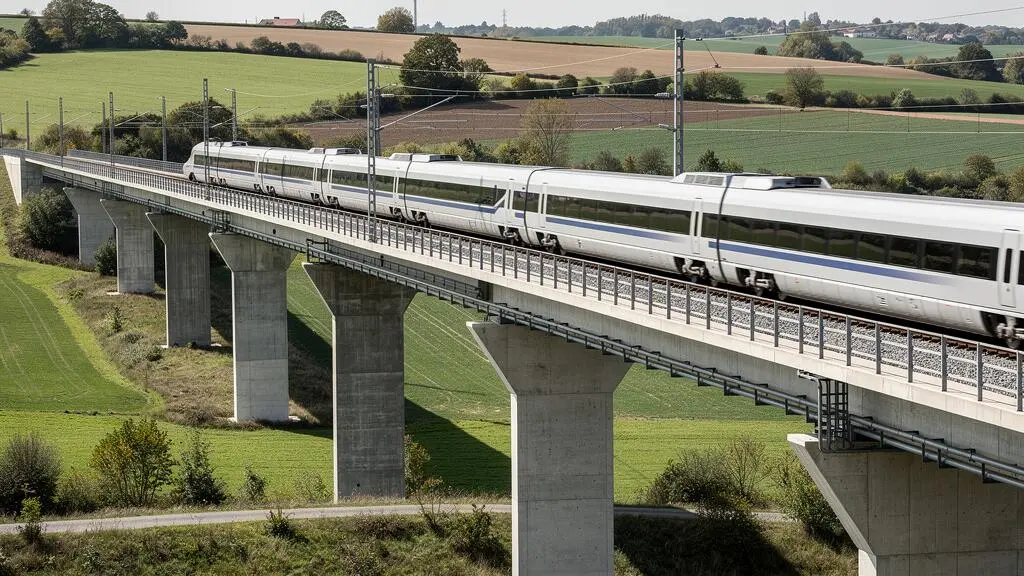 Viaduc ferroviaire moderne avec train à grande vitesse traversant une infrastructure de transport européenne